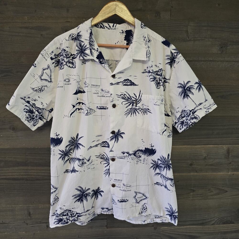 Palmwave Men’s Hawaiian Island Map Luau Shirt Size large Made Hawaii Resortwear
